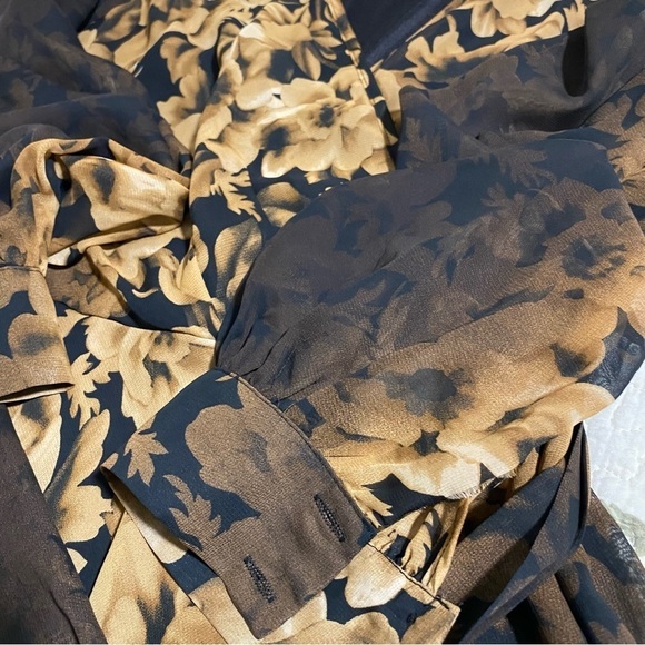 Floral black/ golden yellow chiffon maxi dress long  sleeve - Picture 13 of 15